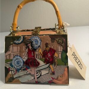 NWT Vintage Style Cigar Box Bag with latch, Bamboo Handles & lined